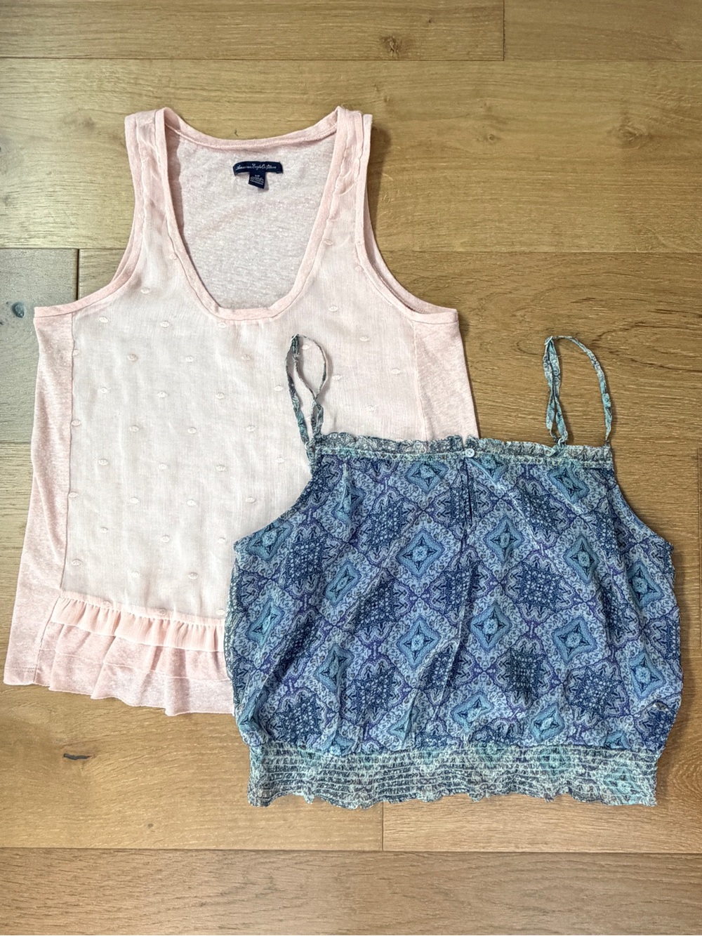 AEO Bundle 2 Boho Tops Size Small — Medallion Tile Crop + Swiss Dot Peplum Tanks